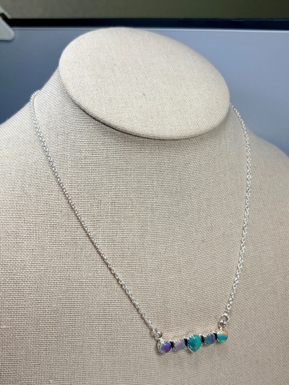 Southwestern Sterling Silver Balloon Opal Bar Pendant Necklace - Picture 4 of 9